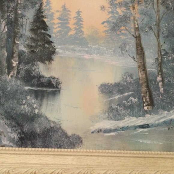Original oil or acrylic painting canvas framed winter forest & lake snow signed - Picture 3 of 6